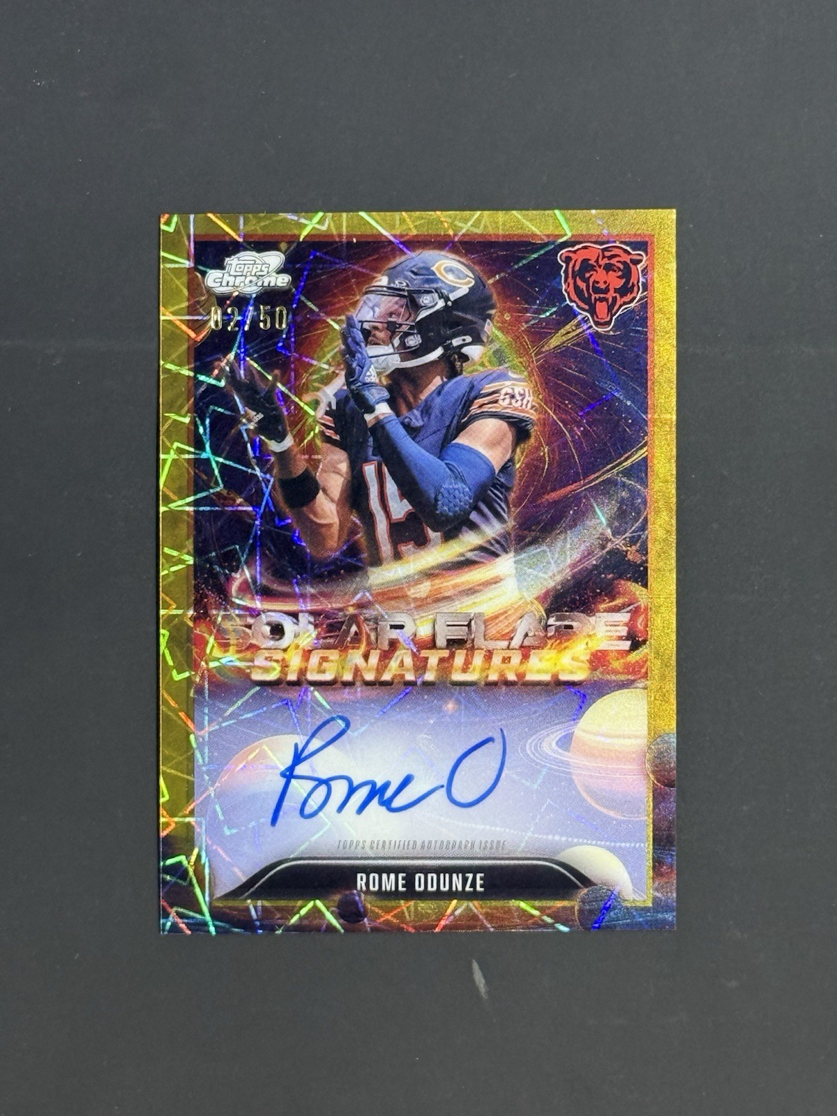 Rome Odunze #SFS-RO Football Cards 2025 Topps Cosmic Chrome Solar Flare Signatures trading card — raw and PSA graded price guide