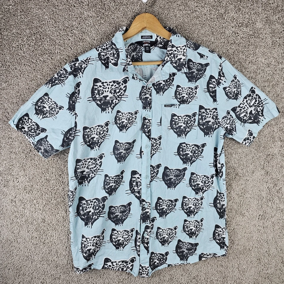 Volcom Outer Banks Shirt Blue Button OBX Short Sleeve Leopard Netflix Mens Large - Image 2 of 4