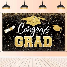 Graduation Party Decorations Black Gold Congrats Grad Class of 2026 Backdrop...