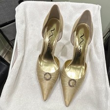 Nina Gold Pointed Toe Stiletto Pumps with Embellished Buckle Leather Upper