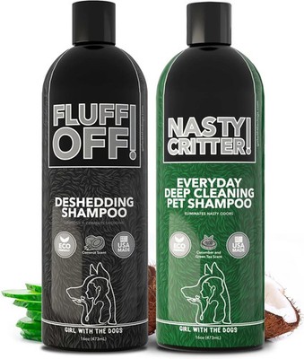 Fluff Off & Nasty Critter Dog Shampoo Set   Deshedding & Deep Clean 16 oz Each