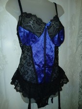 Vintage 80s Electric Blue Satin Ruffled Black Lace Teddy Garters Lingerie XL EUC