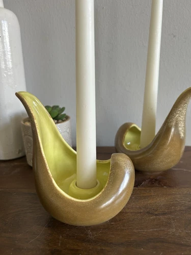 Red Wing Pottery Tear Drop Candle Holder Number B1409 Brown Chartreuse Yellow