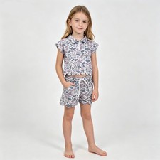 Girls Grey Camo Scalloped 2-Piece Set Polo Zip Top Shorts Outfit
