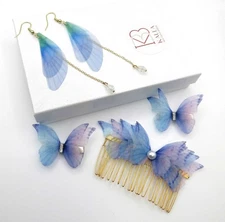 Blue Butterfly Hair Comb 3 PC Hairclip Set, Bridal Chiffon Wing Dangle Earrings