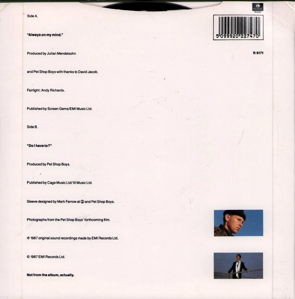 Pet Shop Boys Always On My Mind 7" Vinyl UK Parlophone 1987 7". Knick Oben - Bild 2 von 2
