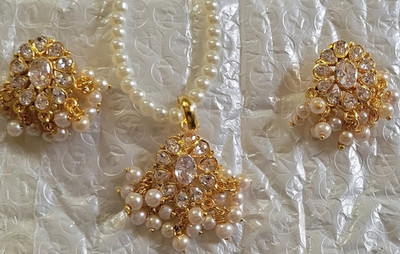 Nafisa Jasmin Gold Tone Clear Oval Crystal & Pearl Necklace Earrings Set