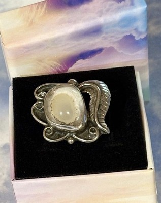 Vintage BIG Navajo Sterling Silver BIRDS EYE AGATE Squash Blossom 925 Ring 6