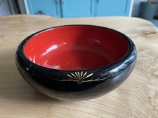 Vintage Japanese Lacquer Bowl Black Red Urushi Wood Gold Grass Design Wagashi 