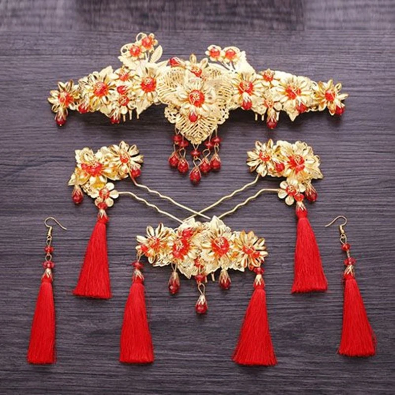 Traje Tocado Chino Boda Novia Disfraz Antiguo Cabello Borla Roja Horquilla Foto 3 de 4