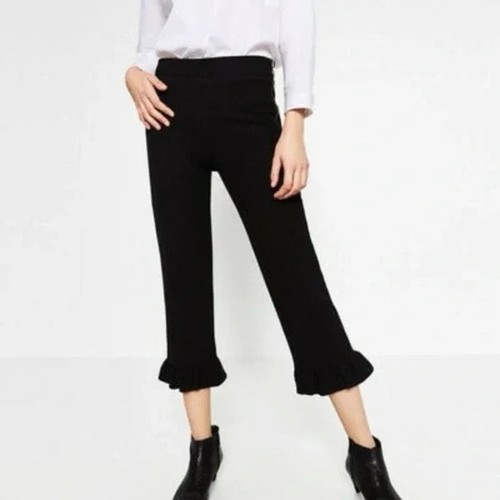 Zara Knit Black Ruffled Hem High Rise Wide Leg Pants Pull On Cozy Comfort Size M - Picture 1 of 10