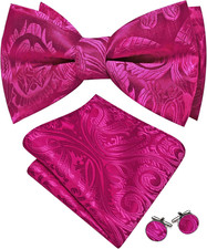 Paisley Striped Bow Tie for Men Silk Pre-Tied Bowtie Pocket Square Cufflinks Set
