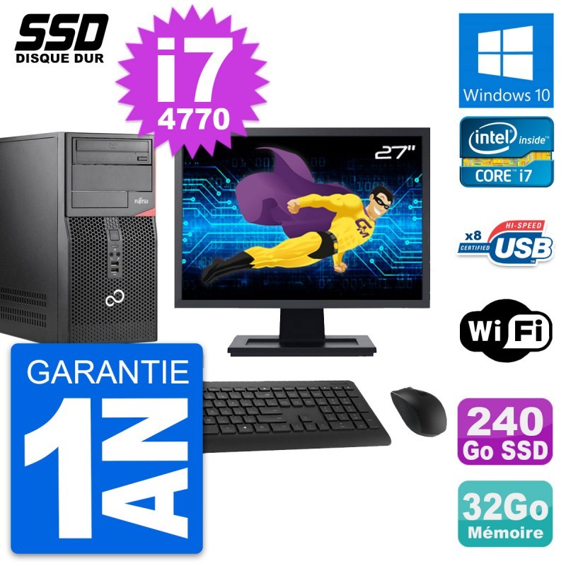 PC Tour Fujitsu P520 Ecran 27" Intel i7-4770 RAM 32Go SSD 240Go Windows 10 Wifi
