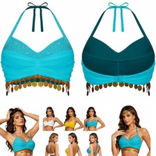 US Women Belly Dance Body Sparkle Chain Crystal Tassel Sequin Bra Top Dancewear