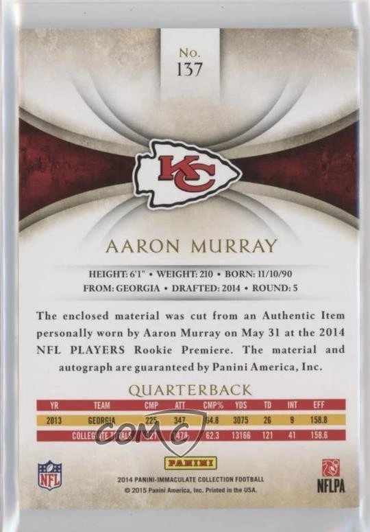 2014 Panini Immaculate Gold /25 Aaron Murray #137 Rookie Auto RC - Image 2 of 2