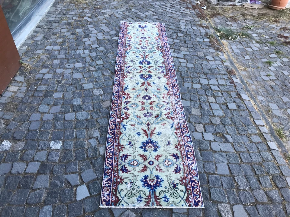 Alfombra turca vintage hecha a mano alfombra de lana alfombra bohemia para corredores alfombra para el hogar 2,5 x 11, pies Foto 3 de 4