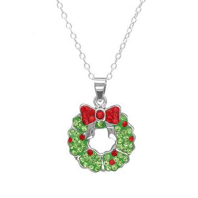 Christmas Wreath Symbol Charm Necklace W/Genuine Crystal in 925 Sterling  silver