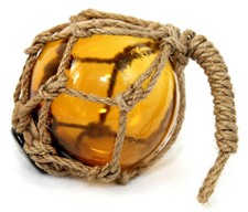 Fischerkugel aus Glas mundgeblasen Durchmesser 7,5cm mit Sisalnetz Amber
