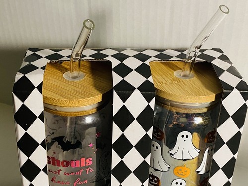 Spooky Ghost Funny Halloween Glasses with Lid and Straw Set of 2 New - Picture 4 of 5