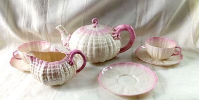 Belleek Tridacna Pink and White Tea for Two 1891-1926 (2nd black mark)