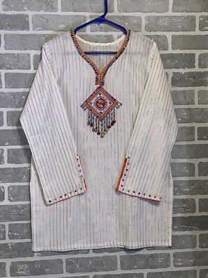 Handmade Small Ethnic White Beaded Tunic Flaw Metallic Threads Preowned