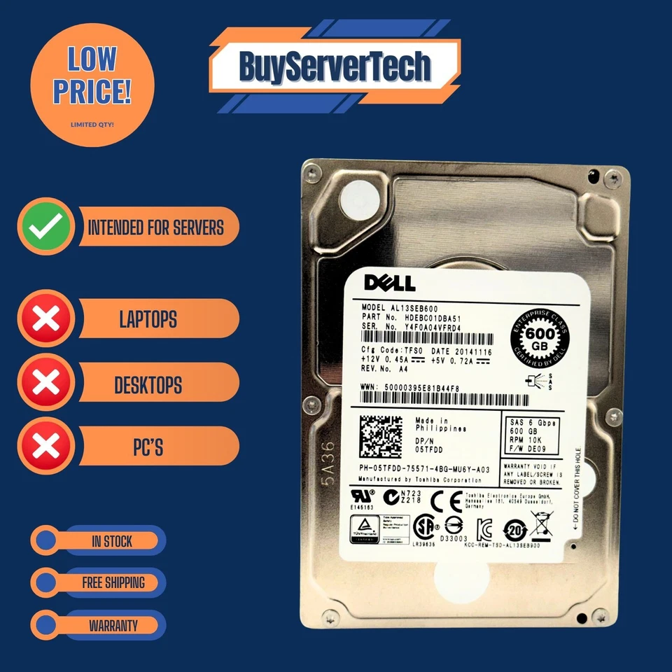 Dell 05TFDD  600GB 10K RPM 6G 2.5" SAS SFF  5TFDD Enterprise HDD | New - Image 2 of 4