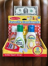 MELISSA DOUG FOOD PLAY   5 CONDIMENTS SQUIRT   BBQ RANCH MAYO KETCHUP MENU   NEW