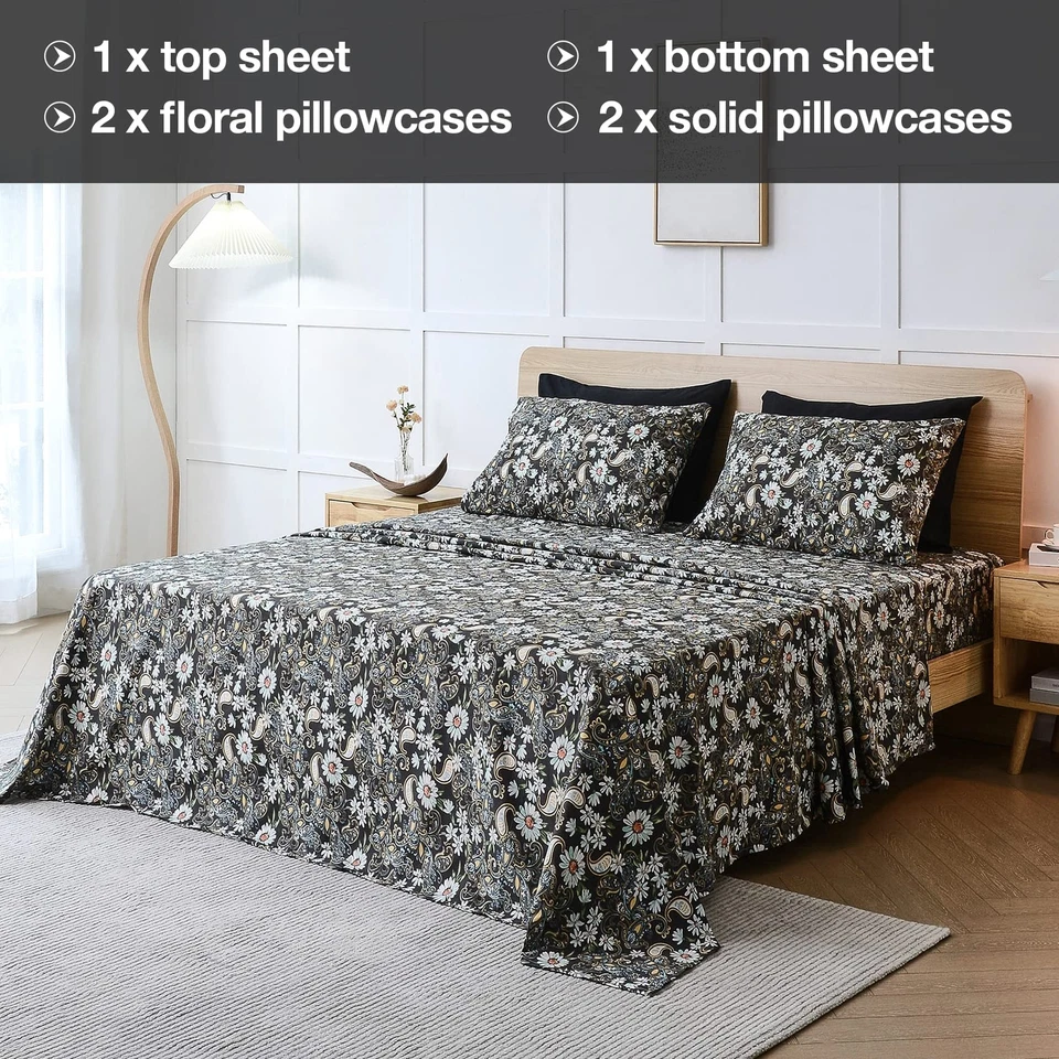 Комплект простыней с цветочным принтом черный пейсли королевский размер 6 предметов мягкий узор - Изображение 2 из 4