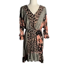 Gigio Animal Print High Low Dress M Multicolored Floral V Neck Elastic Waist