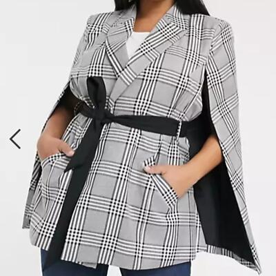 River Island Check Cape Blazer, Size 6 US - Grey/Black Women's