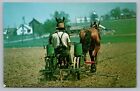 Amish Man Country Farm Horse Corn Planter Farmer Green Canisters Postcard Vtg F4
