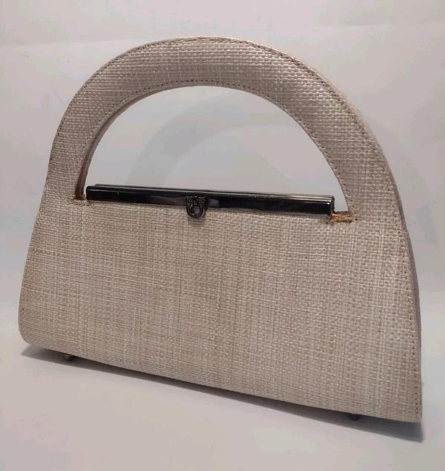 Bolso de mano vintage con tapa de paja beige y rosa pálido con detalles plateados Foto 2 de 4