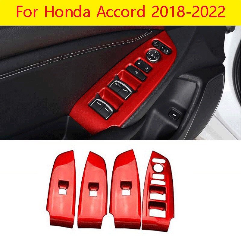 Fit For Honda Accord 2018-2022 Glossy Red Window Lift Panel Switch Cover Trim 4X