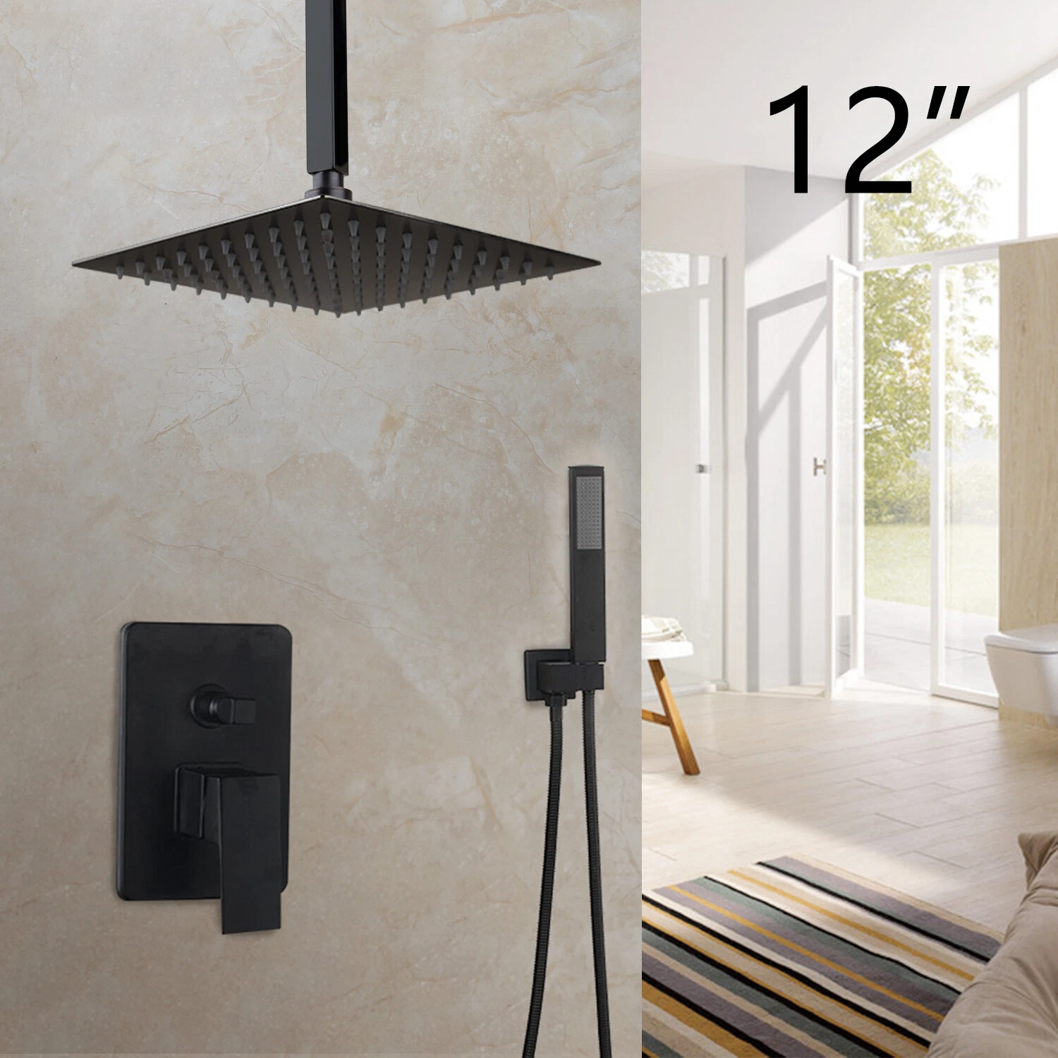 12” Black Shower Faucet Set Wall Mount Rain Square Head Mixer Handheld Spray Tap