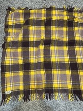 Faribo Fluff Loomed Yellow Gray Brown Wool Plaid Checkered Fringe Blanket Throw