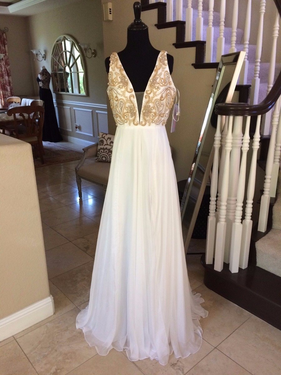 jovani white and gold prom dress Jovani 38847 Prom Long Formal V Neckline Fringe Dress The Dress Outlet