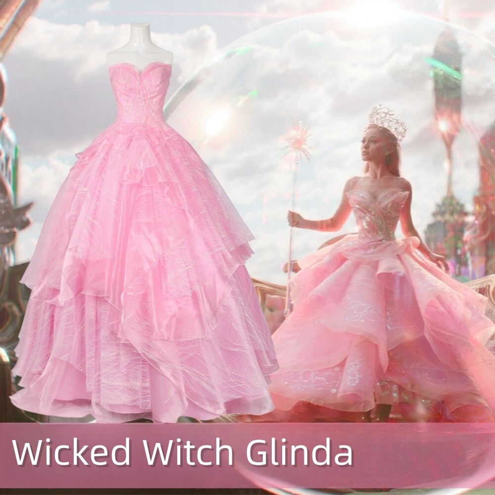 Wicked Part One Glinda Cosplay Formal Dress with Crown Earings Role-Play  Costume