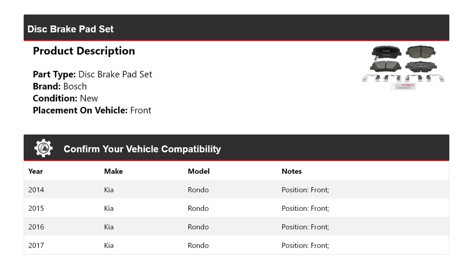 For 2014-2017 Kia Rondo Bosch QuietCast Ceramic Brake Pads Front 2015 2016 - Image 2 of 4