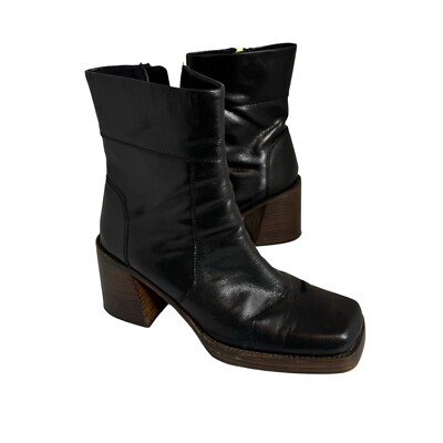 Asos Design Platform Boots Women Size 10 Black Square Toe Block Heel 90s  Leather
