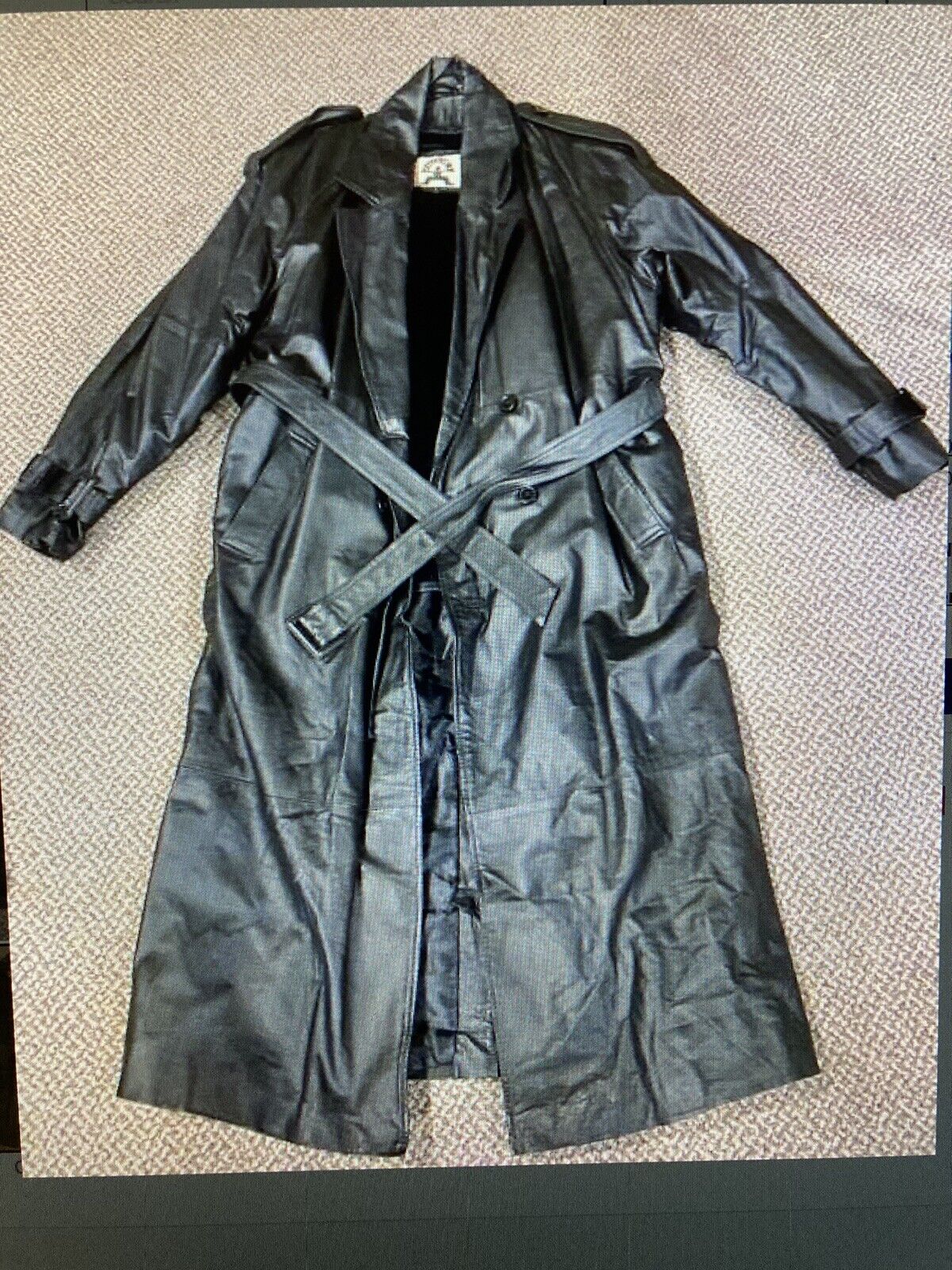 Vintage Long Leather Trench Coat Black Phase 2 Double Breast Zip