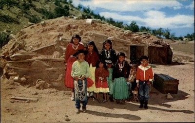 Native Americana Family on reservation mud thatch hogan home 1960s postcard