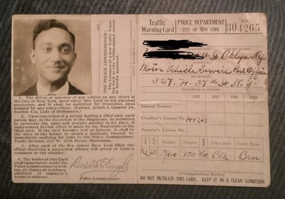 1922 First Year Issue USPS Chauffeurs License  NYC Traffic Warning Card