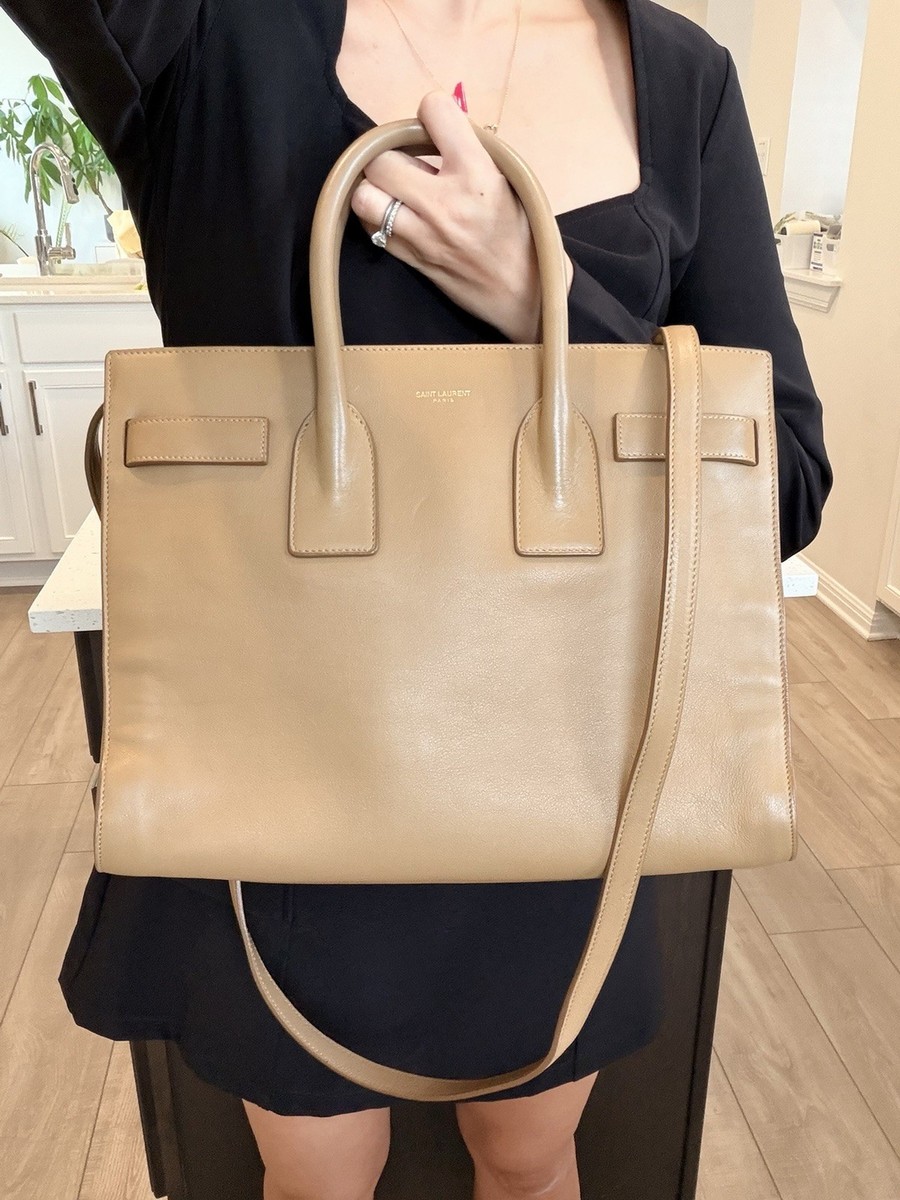 Auth SAINT LAURENT Small Tan Sac De Jour Leather Top Handle
