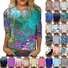 Plus Size Summer 3/4 Sleeves PRINTED Tee Shirts Women's Casual Loose Tops Blouse