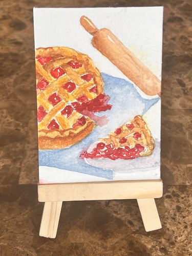 ACEO Original Art Card 2.5 x 3.5"  cherry pie, food art by Ang