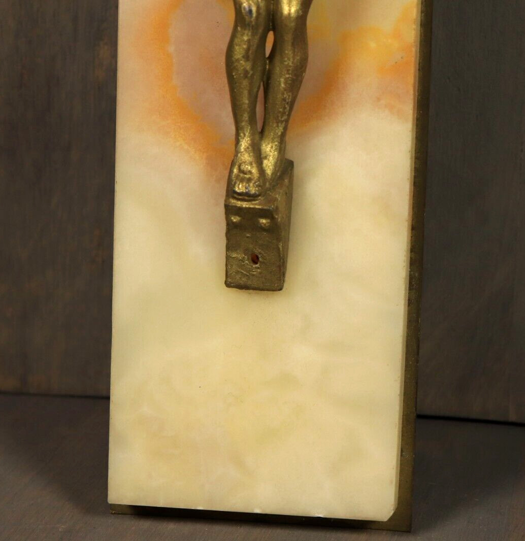 Antique French White Onyx Marble Gilt Wall Cross Crucifix -Ships DDP to USA