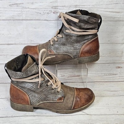 Rieker Boots Women's Brown Gray Newspaper Print US 10 EU 41 Lace Up Side Zip