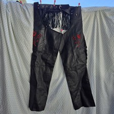 VTG Biker Motorcycle Chaps Buffalo Leather Black Red Rose Fringe Size Large Zip