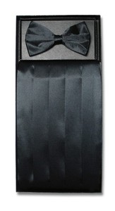 Mens Cumberbund BowTie Hanky Solid BLACK Color Men's Cummerbund Bow Tie Set
