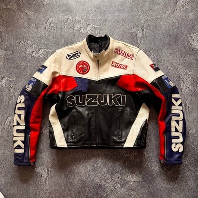 VINTAGE Suzuki Racing Leather Motorcycle Jacket Motul NGK Shoei Michelin Size L